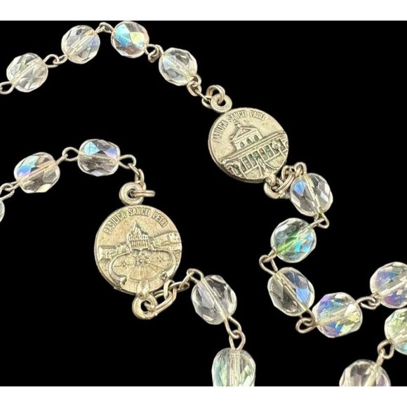 Vintage Signed INRI Cut Aurora Glass Crystal Jesus Rosary ITALY - Picture 7 of 9